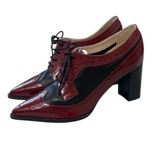 New L’Agence Elodie Pump Heeled Lace Up Oxford Preppy Academia Red Black 6